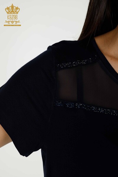 Bluză de damă cu ridicata cu detaliu din tul bleumarin - 78996 | KAZEE - Thumbnail