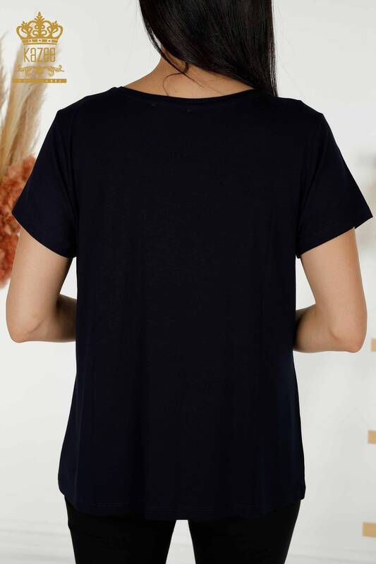Bluză de damă cu ridicata cu detaliu din tul bleumarin - 78996 | KAZEE