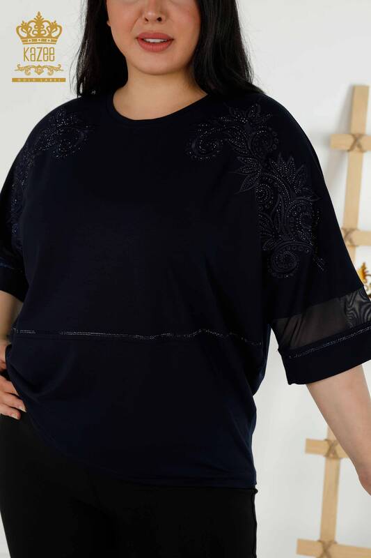 Bluză de damă cu ridicata cu detaliu din tul bleumarin - 79051 | KAZEE