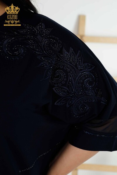 Bluză de damă cu ridicata cu detaliu din tul bleumarin - 79051 | KAZEE - Thumbnail