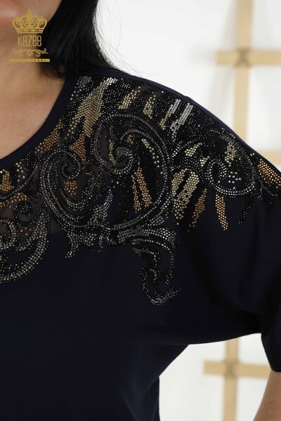 Bluză de damă cu ridicata cu detaliu din tul bleumarin - 79085 | KAZEE - Thumbnail