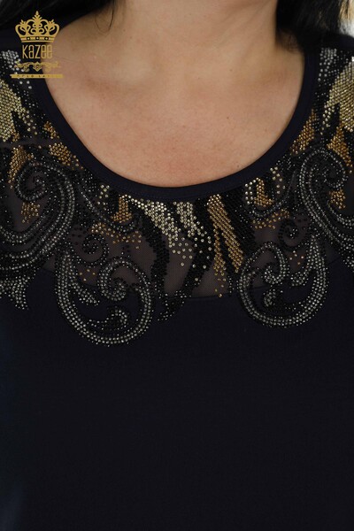 Bluză de damă cu ridicata cu detaliu din tul bleumarin - 79085 | KAZEE - Thumbnail