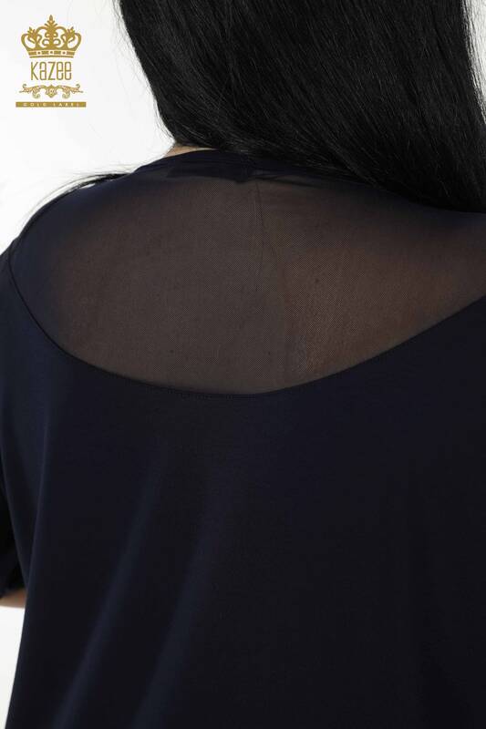 Bluză de damă cu ridicata cu detaliu din tul bleumarin - 79085 | KAZEE
