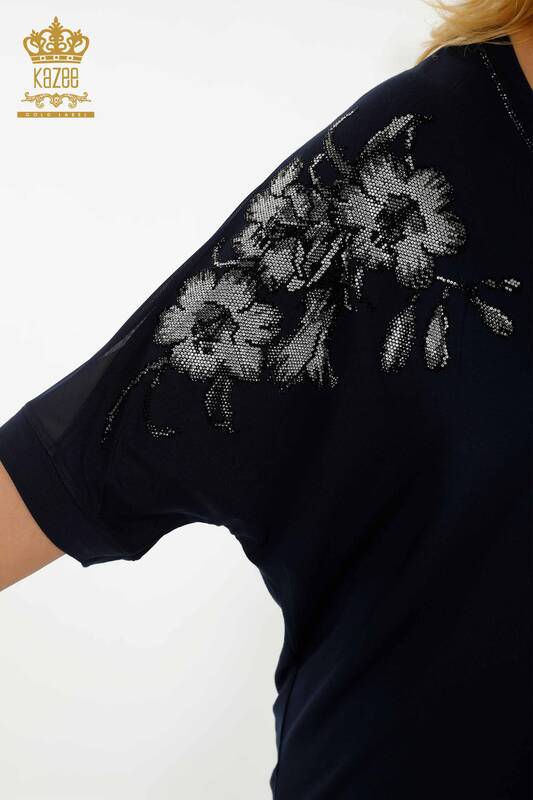 Bluză de damă cu ridicata cu detaliu din tul bleumarin - 79096 | KAZEE