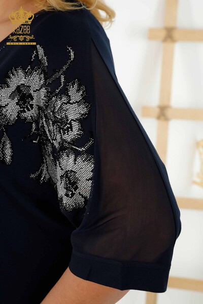 Bluză de damă cu ridicata cu detaliu din tul bleumarin - 79096 | KAZEE - Thumbnail