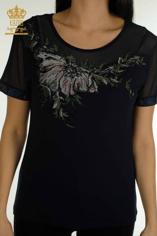 Bluză de damă cu ridicata cu detaliu din tul bleumarin - 79106 | KAZEE