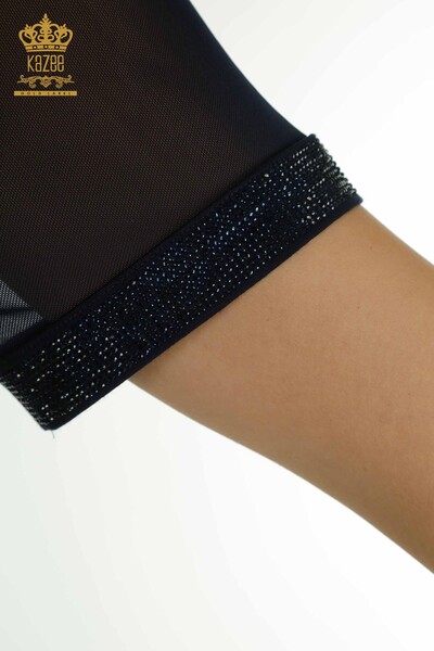 Bluză de damă cu ridicata cu detaliu din tul bleumarin - 79106 | KAZEE - Thumbnail