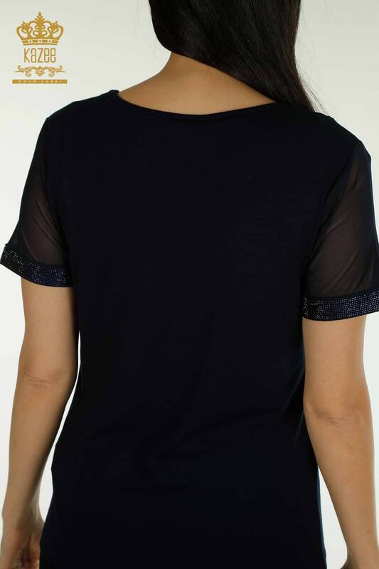 Bluză de damă cu ridicata cu detaliu din tul bleumarin - 79106 | KAZEE