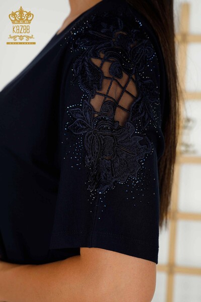 Bluză de damă cu ridicata cu detaliu din tul bleumarin - 79390 | KAZEE - Thumbnail