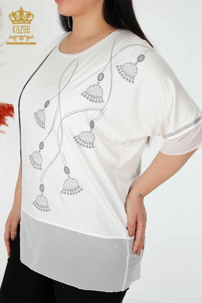 Bluză de damă cu ridicata din tul cu modele Ecru - 78871 | KAZEE - Thumbnail