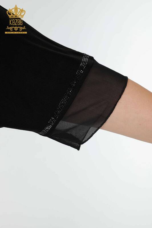 Bluză de damă cu ridicata din tul cu model negru - 78871 | KAZEE