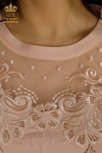 Bluză de damă cu ridicata - Tulle Detaliat - Pudra - 79500 | KAZEE - Thumbnail
