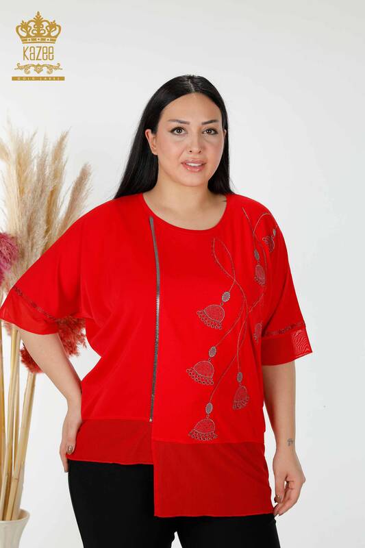 Bluză de damă cu ridicata din tul cu model roșu - 78871 | KAZEE