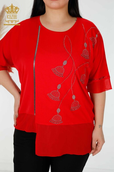 Bluză de damă cu ridicata din tul cu model roșu - 78871 | KAZEE - Thumbnail