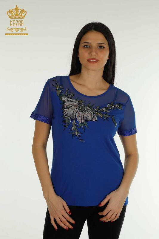 Bluză de damă cu ridicata din tul cu detalii Saks - 79106 | KAZEE