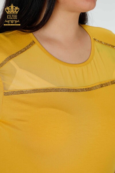 Bluză de damă cu ridicata din tul detaliat șofran - 78996 | KAZEE - Thumbnail