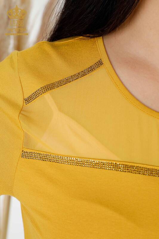 Bluză de damă cu ridicata din tul detaliat șofran - 78996 | KAZEE