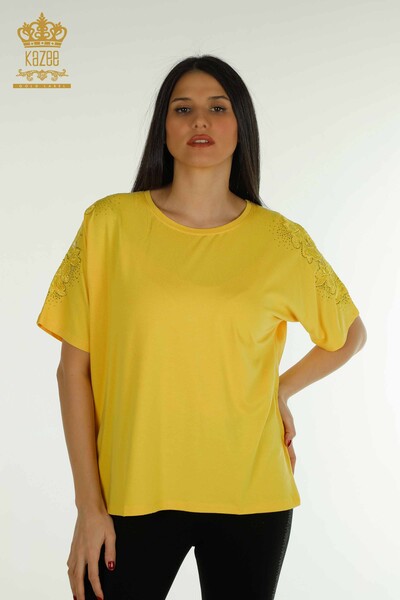 Bluză de damă cu ridicata din tul detaliat șofran - 79390 | KAZEE - Thumbnail