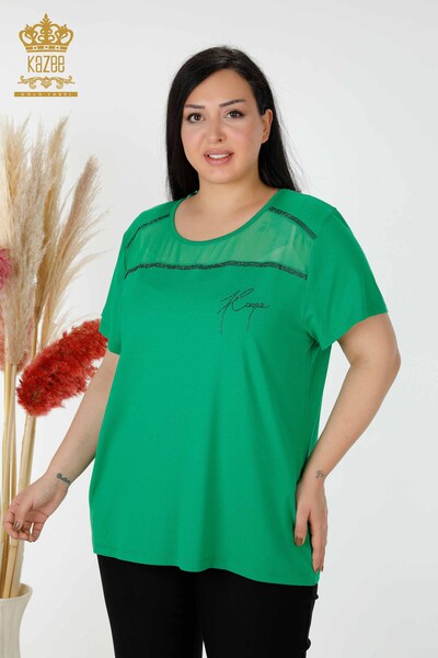 Bluză de damă cu ridicata cu detaliu din tul verde - 78996 | KAZEE - Thumbnail