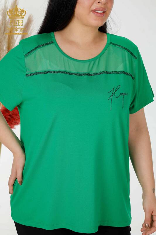 Bluză de damă cu ridicata cu detaliu din tul verde - 78996 | KAZEE