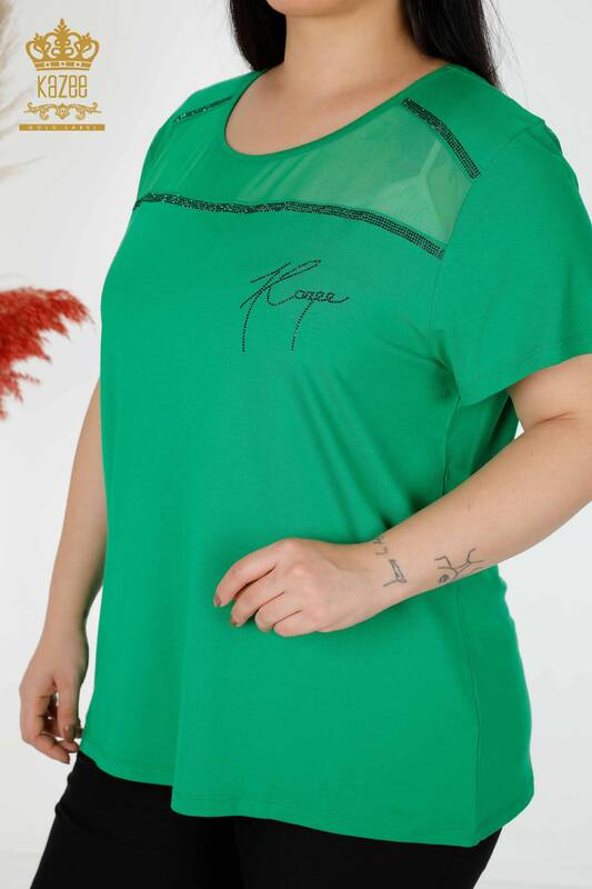 Bluză de damă cu ridicata cu detaliu din tul verde - 78996 | KAZEE