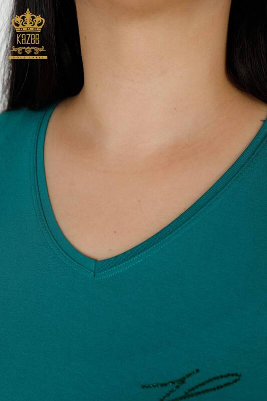 Bluză de damă cu ridicata cu piatră de cristal brodat verde - 77935 | KAZEE