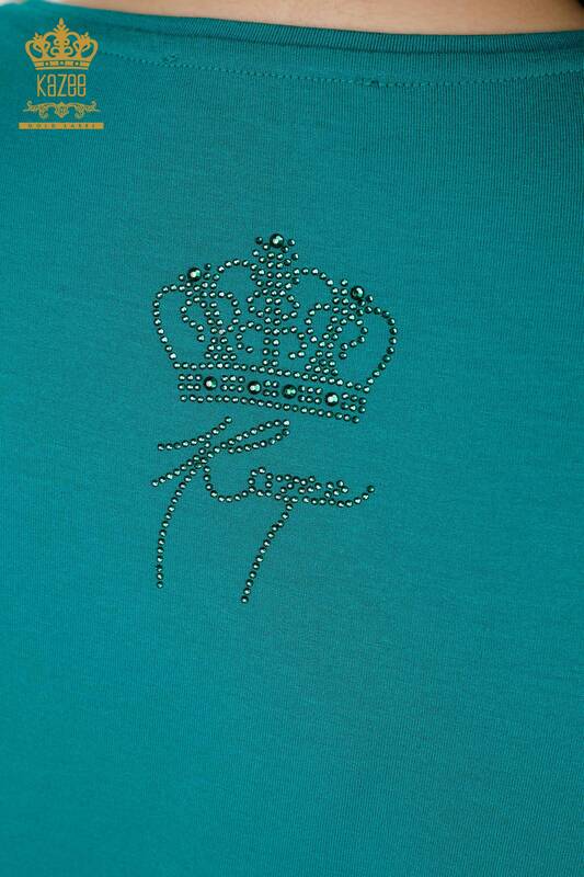 Bluză de damă cu ridicata cu piatră de cristal brodat verde - 77935 | KAZEE