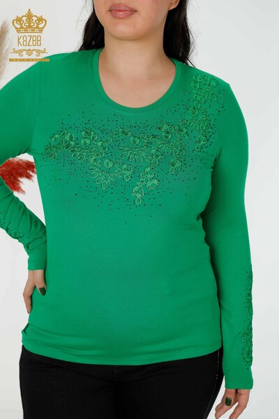 Bluză de damă cu ridicata cu modele florale verde - 79010 | KAZEE - Thumbnail