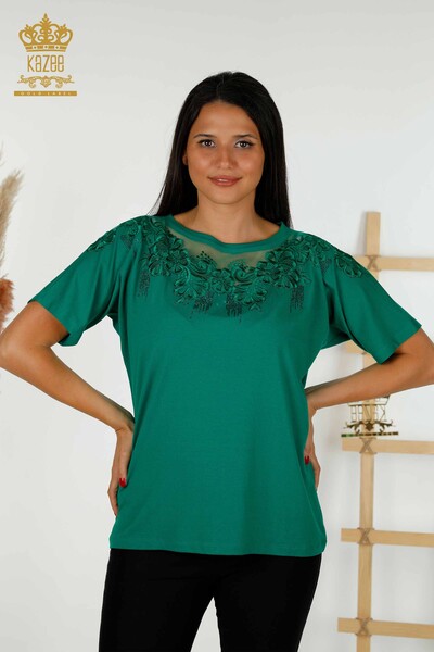 Bluză de damă cu ridicata cu modele florale verde - 79081 | KAZEE - Thumbnail