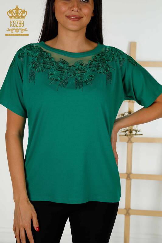 Bluză de damă cu ridicata cu modele florale verde - 79081 | KAZEE