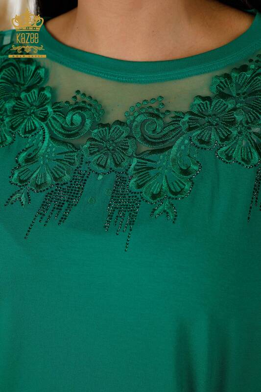 Bluză de damă cu ridicata cu modele florale verde - 79081 | KAZEE