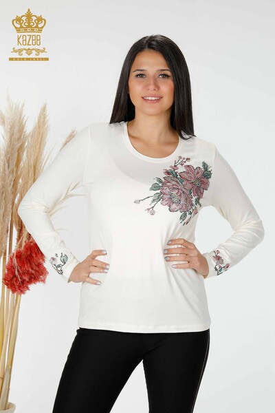 Bluza de dama cu ridicata cu piatra colorata brodata Ecru - 79015 | KAZEE - Thumbnail