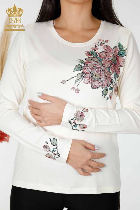 Bluza de dama cu ridicata cu piatra colorata brodata Ecru - 79015 | KAZEE