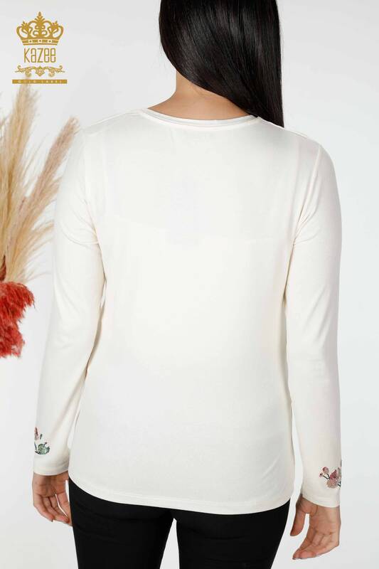 Bluza de dama cu ridicata cu piatra colorata brodata Ecru - 79015 | KAZEE
