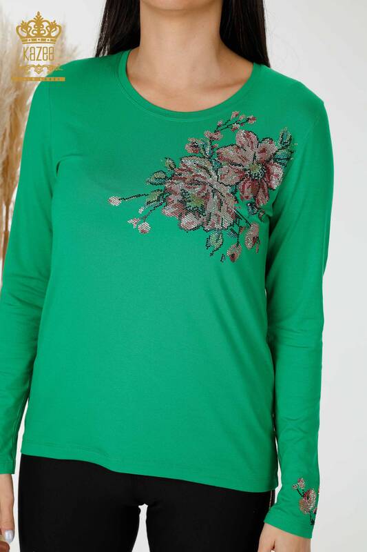 Bluza de dama cu ridicata cu piatra colorata verde brodata - 79015 | KAZEE