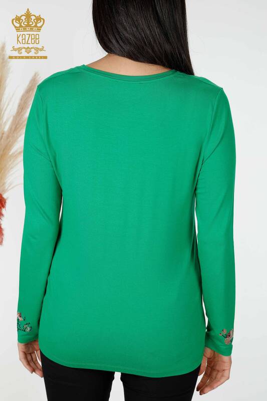 Bluza de dama cu ridicata cu piatra colorata verde brodata - 79015 | KAZEE