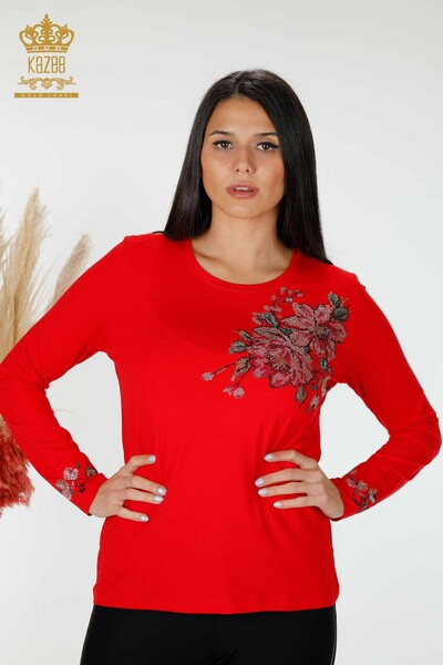 Bluza de dama cu ridicata cu piatra colorata rosie brodata - 79015 | KAZEE - Thumbnail