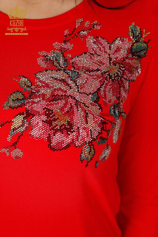 Bluza de dama cu ridicata cu piatra colorata rosie brodata - 79015 | KAZEE