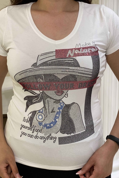 Bluză de damă cu ridicata cu decolteu în V brodat cu piatră colorată - 77754 | Kazee - Thumbnail