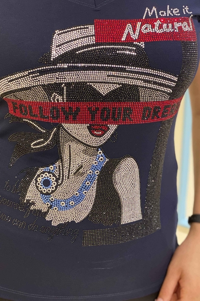 Bluză de damă cu ridicata cu decolteu în V brodat cu piatră colorată - 77754 | Kazee - Thumbnail