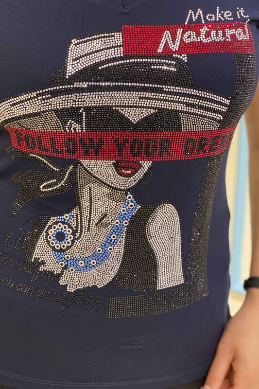 Bluză de damă cu ridicata cu decolteu în V brodat cu piatră colorată - 77754 | Kazee