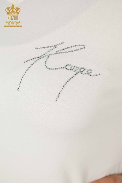 Bluză de damă cu ridicata cu piatră de cristal brodat Ecru - 77935 | KAZEE - Thumbnail