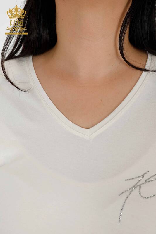 Bluză de damă cu ridicata cu piatră de cristal brodat Ecru - 77935 | KAZEE