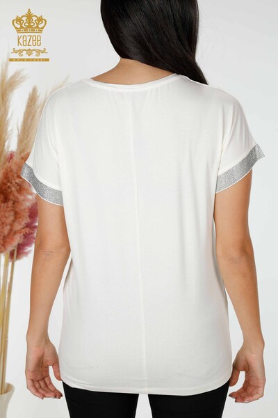 Bluză de damă cu ridicata cu piatră de cristal brodat Ecru - 78993 | KAZEE - Thumbnail