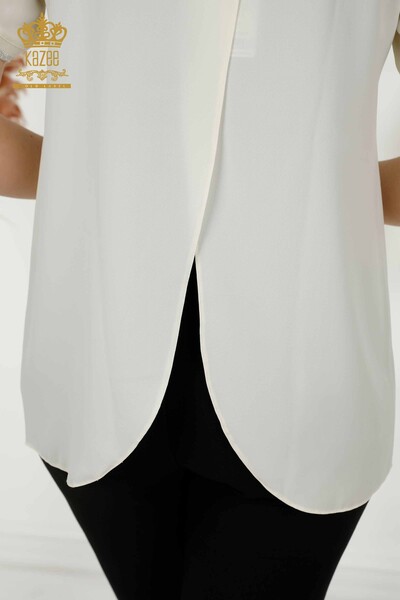 Bluză de damă cu ridicata cu piatră de cristal brodat Ecru - 79232 | KAZEE - Thumbnail