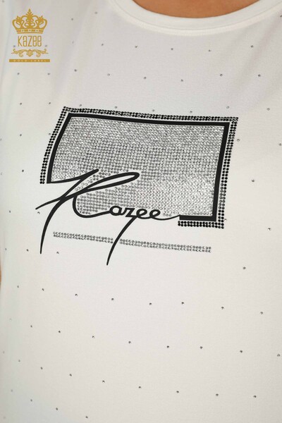 Bluză de damă cu ridicata cu piatră de cristal brodat Ecru - 79389 | KAZEE - Thumbnail