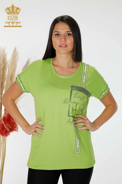Bluză de damă cu ridicata cu piatră de cristal brodat verde fistic - 78919 | KAZEE - Thumbnail