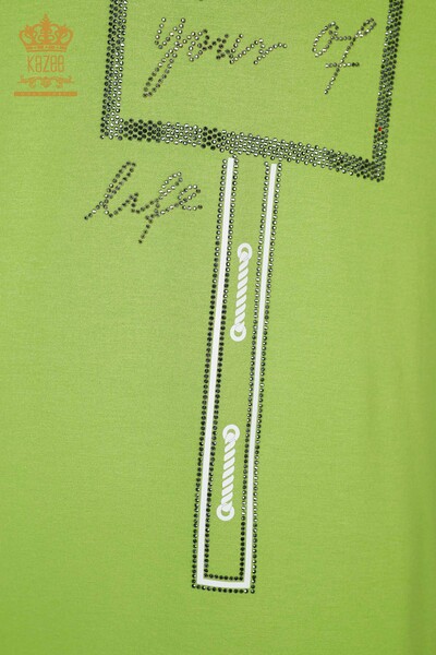 Bluză de damă cu ridicata cu piatră de cristal brodat verde fistic - 78919 | KAZEE - Thumbnail