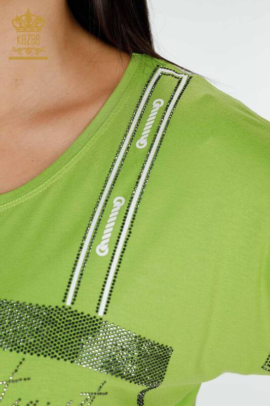 Bluză de damă cu ridicata cu piatră de cristal brodat verde fistic - 78919 | KAZEE