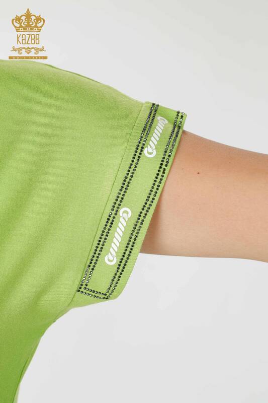 Bluză de damă cu ridicata cu piatră de cristal brodat verde fistic - 78919 | KAZEE